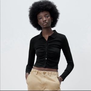 ZARA Knit Black Button Up Cropped Collared Cardigan Top